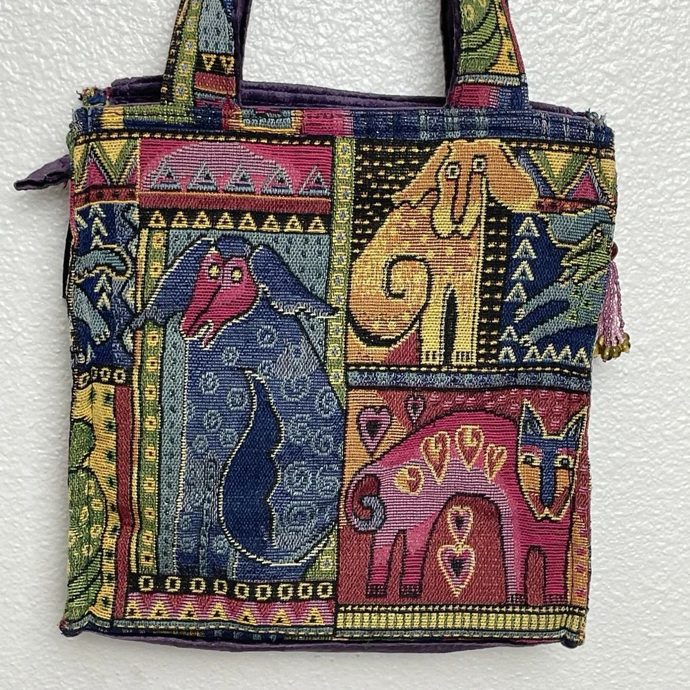 Laurel Burch Tapestry Cats Dogs Sequins Shoulder Bag‎ Purse Tote